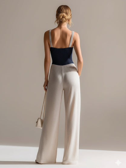 Chic Elegant Navy-Beige Colorblock Camisole V-Neck Zipper-Front Tailored-Waist  Wide Leg Knit Jumpsuit