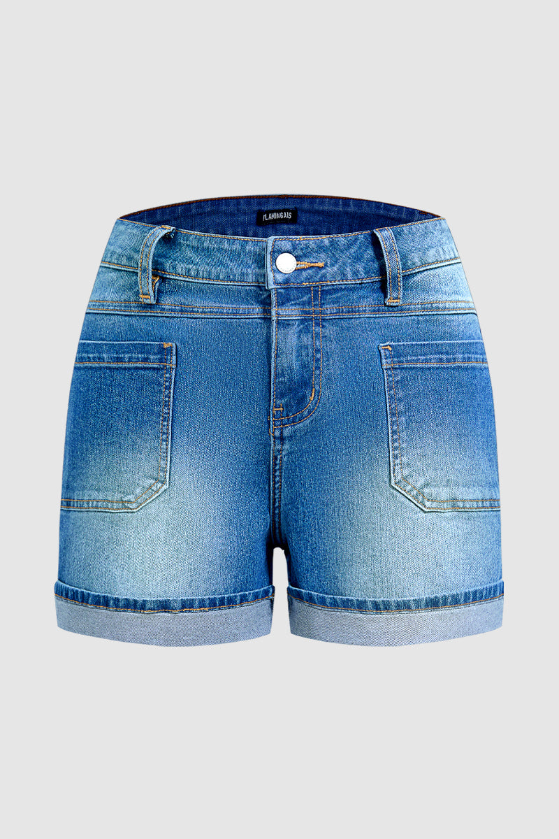 Wash Roll Hem Patch Pocket High Rise Denim Shorts