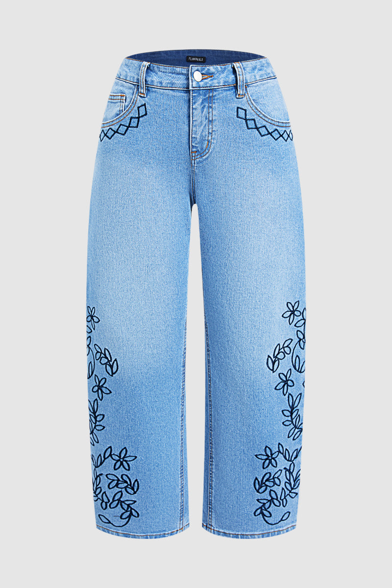 Wash Plant Embroidery Mid Waist Barrel Leg  Jeans