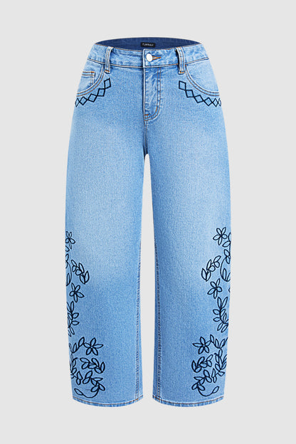 Wash Plant Embroidery Mid Waist Barrel Leg  Jeans