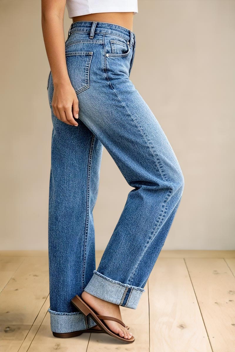 Wash Ripped Roll Hem Mid Waist Straight Leg Jeans