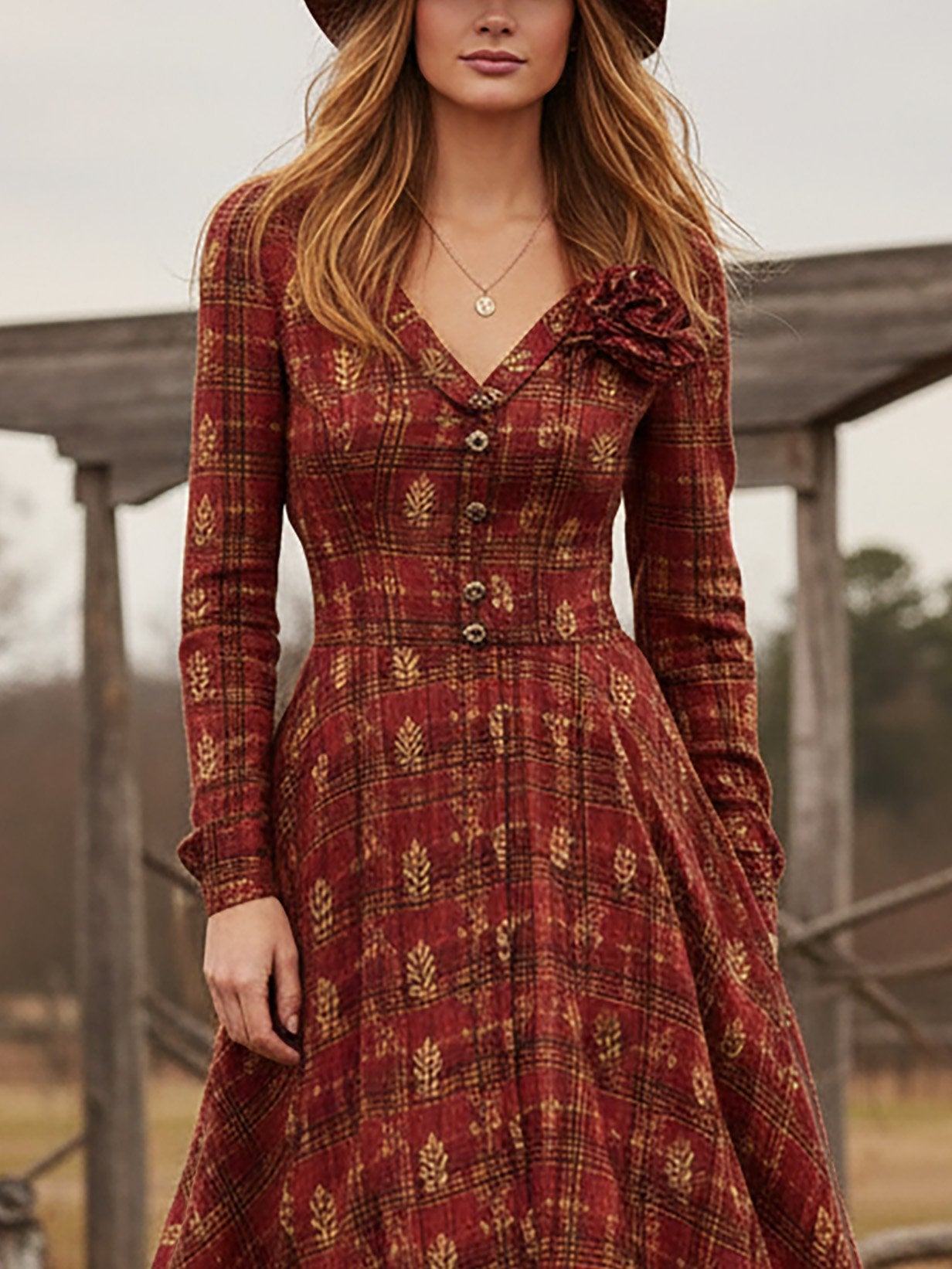 Robe longue en lin, manches longues, col en V, à carreaux, boutonnée, style vintage, rouge