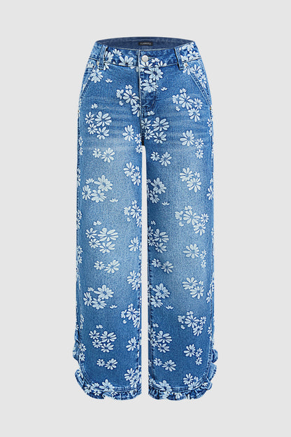 Wash Floral Print Ruffle Split Hem Mid Rise Wide Leg Jeans