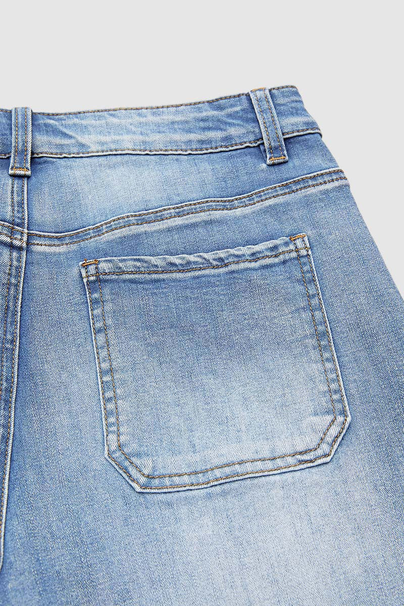 Embroidery Mid Waist Denim Bermuda Shorts Without Belt
