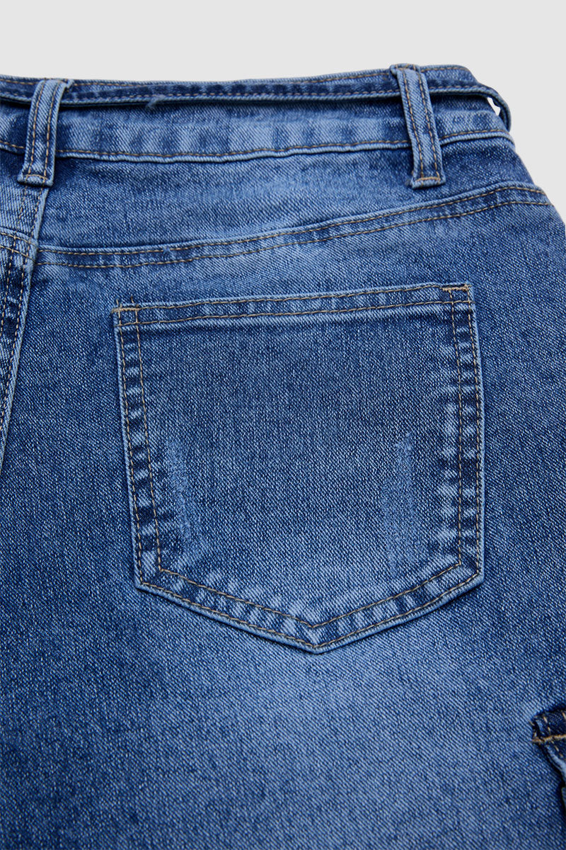 Wash Flap Pocket Roll Hem Belted High Rise Denim Bermuda Shorts