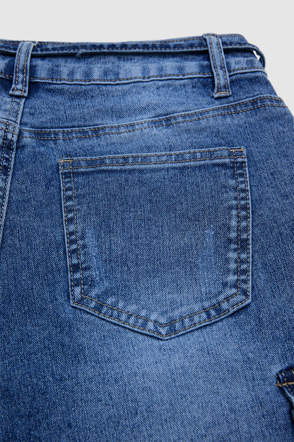 Wash Flap Pocket Roll Hem Belted High Rise Denim Bermuda Shorts