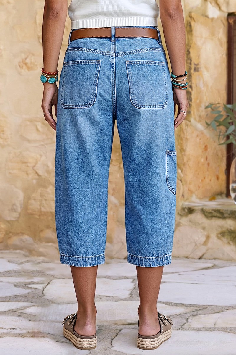 Patch Pocket Seam Detail Mid Rise Barrel Leg Capri Jeans Without Belt