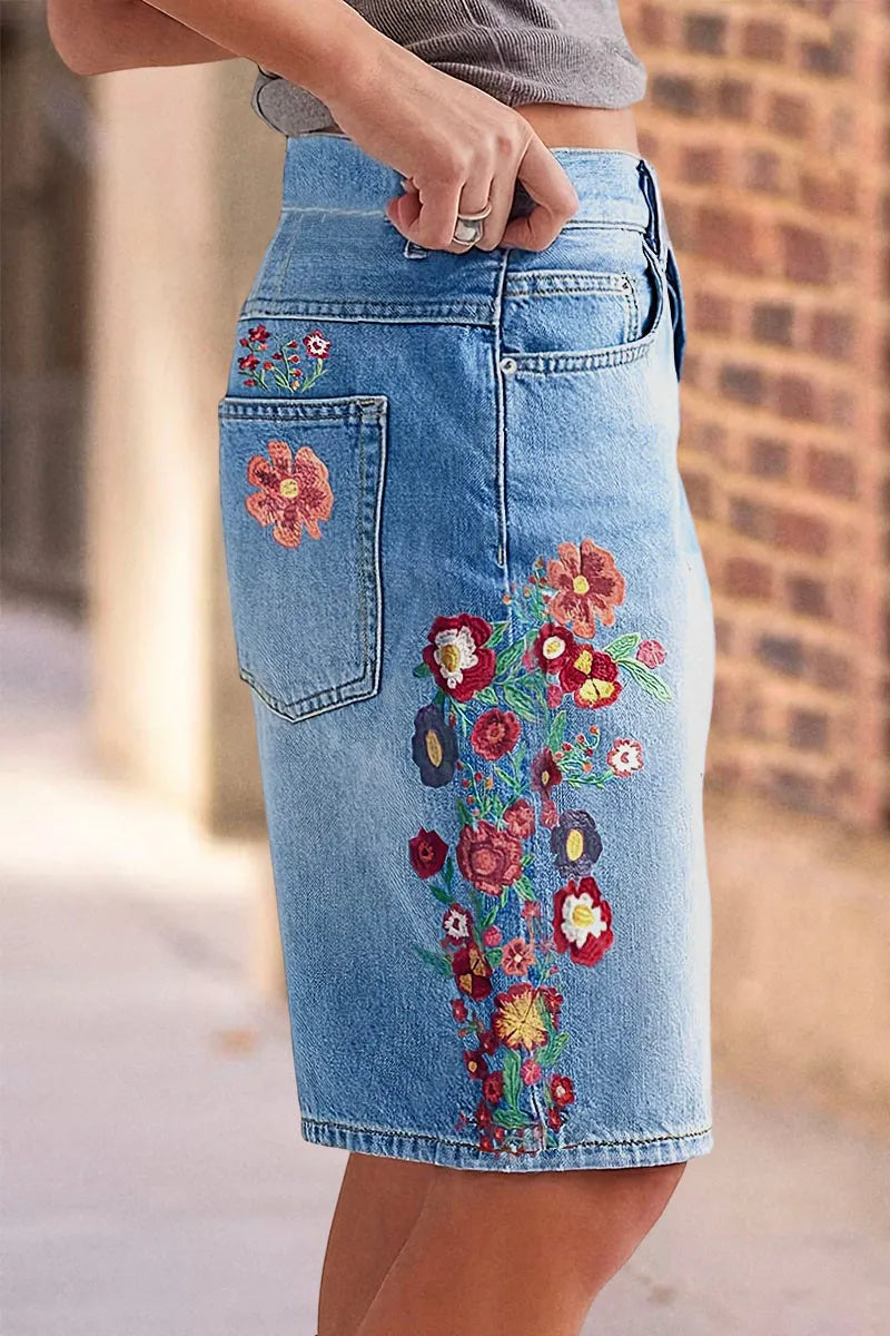 Wash Floral Embroidery Mid Rise Denim Bermuda Shorts