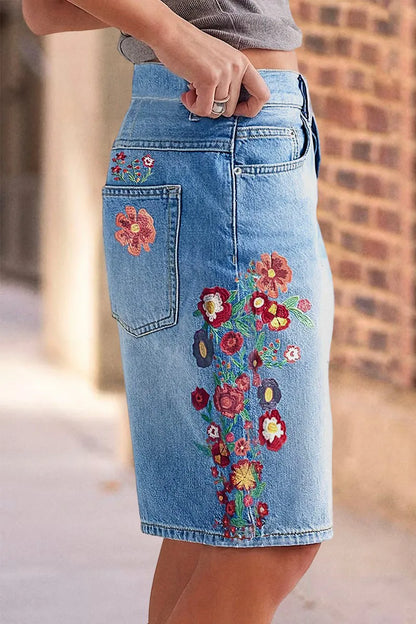 Wash Floral Embroidery Mid Rise Denim Bermuda Shorts
