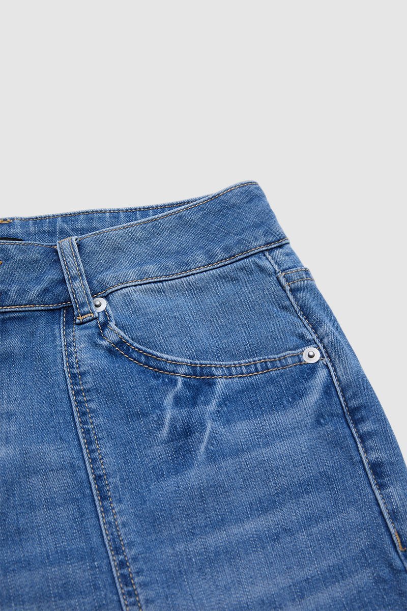 Raw Hem Stitch Detail Mid Waist Denim Cargo Bermuda Shorts