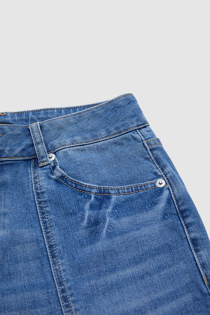 Raw Hem Stitch Detail Mid Waist Denim Cargo Bermuda Shorts