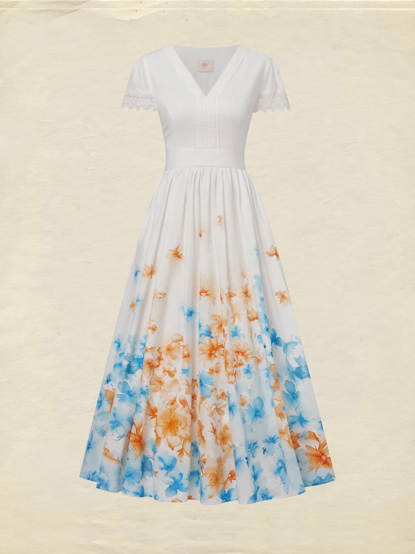 Robe longue en lin, manches courtes, col en dentelle, motif floral, vintage, blanche