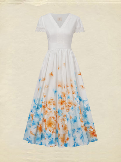Robe longue en lin, manches courtes, col en dentelle, motif floral, vintage, blanche