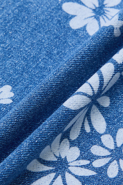 Wash Floral Print Ruffle Split Hem Mid Rise Wide Leg Jeans