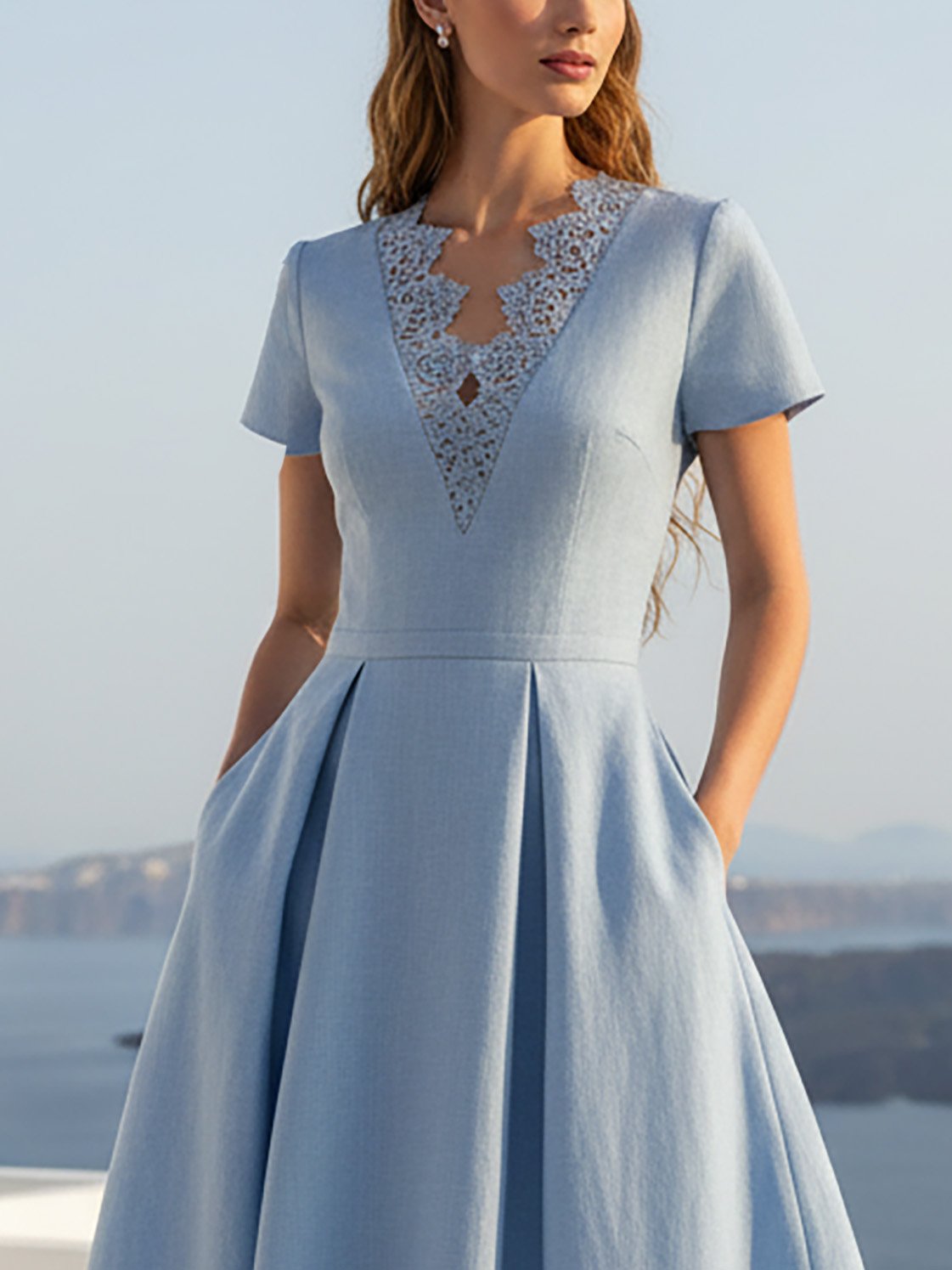 Robe longue en lin, manches courtes, col en V, unie, dentelle, vintage, bleue