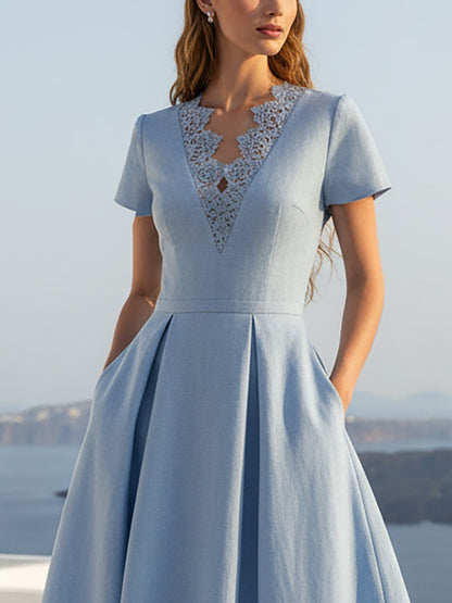 Robe longue en lin, manches courtes, col en V, unie, dentelle, vintage, bleue