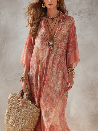 Robe longue fluide à imprimé corail décolleté en V