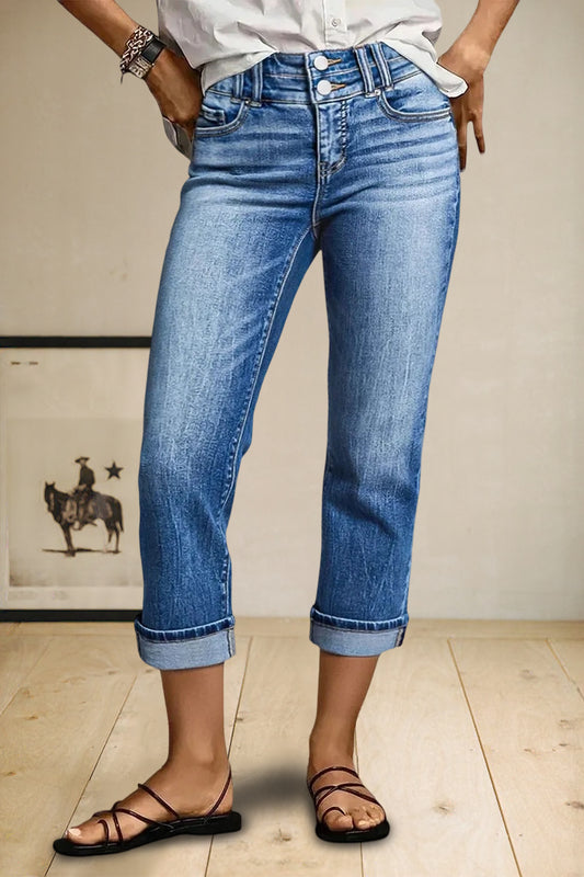 Roll Hem Dual Button High Waist Straight Leg Capri Jeans