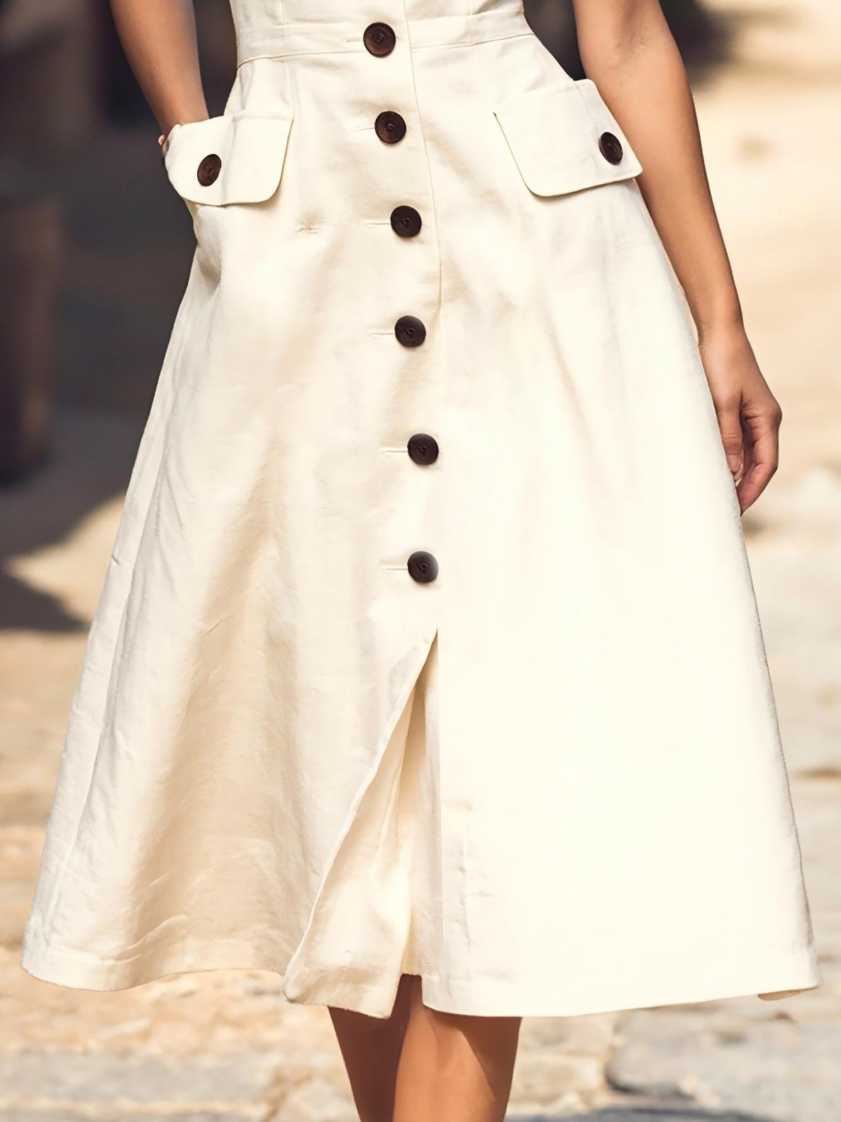 Robe Midi en Lin, Sans Manches, Col Rond, Unie, Boutonnée, Style Vintage Français, Blanc Cassé