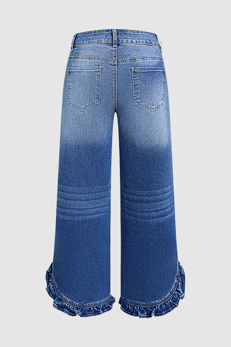 Ruffle Split Hem Pleated Mid Waist Wide Leg Jeans Without Belt