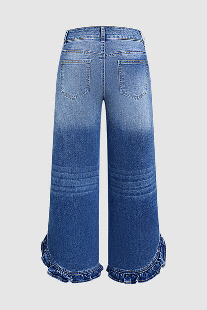 Ruffle Split Hem Pleated Mid Waist Wide Leg Jeans Without Belt