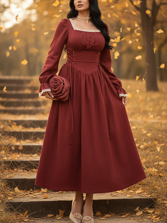 Robe longue en lin, manches longues, col carré, unie, dentelle, style vintage français, rouge