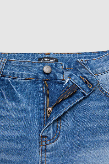 Wash Raw Hem Mid Waist Denim Mid Thigh Shorts Without Belt