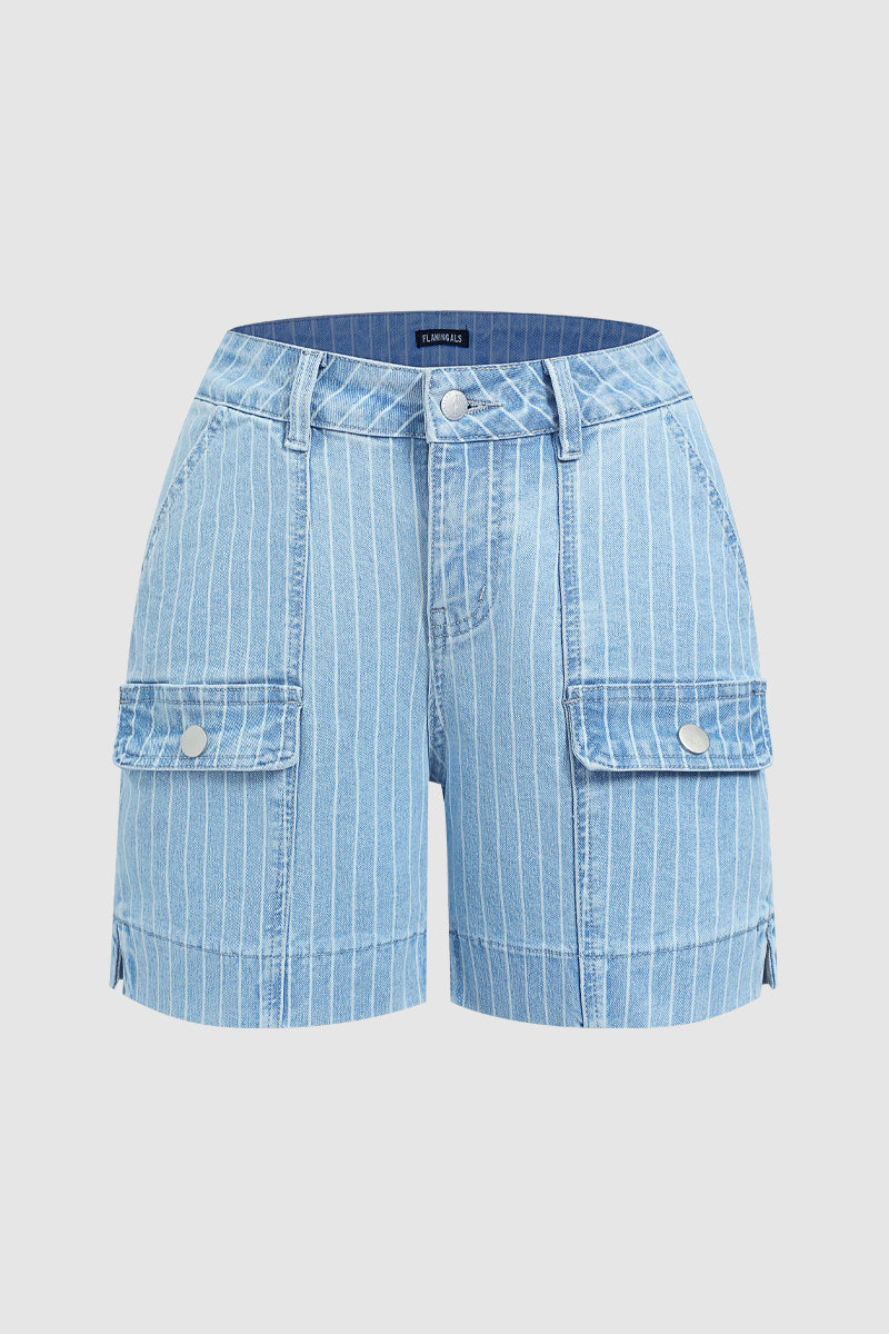 Pinstriped Split Flap Decor Mid Waist Denim Mid Thigh Shorts Without Belt