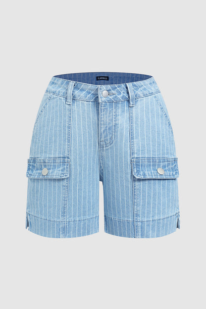 Pinstriped Split Flap Decor Mid Waist Denim Mid Thigh Shorts Without Belt