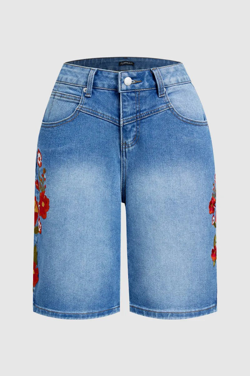 Wash Floral Embroidery V Yoke Mid Rise Straight Leg Denim Bermuda Shorts