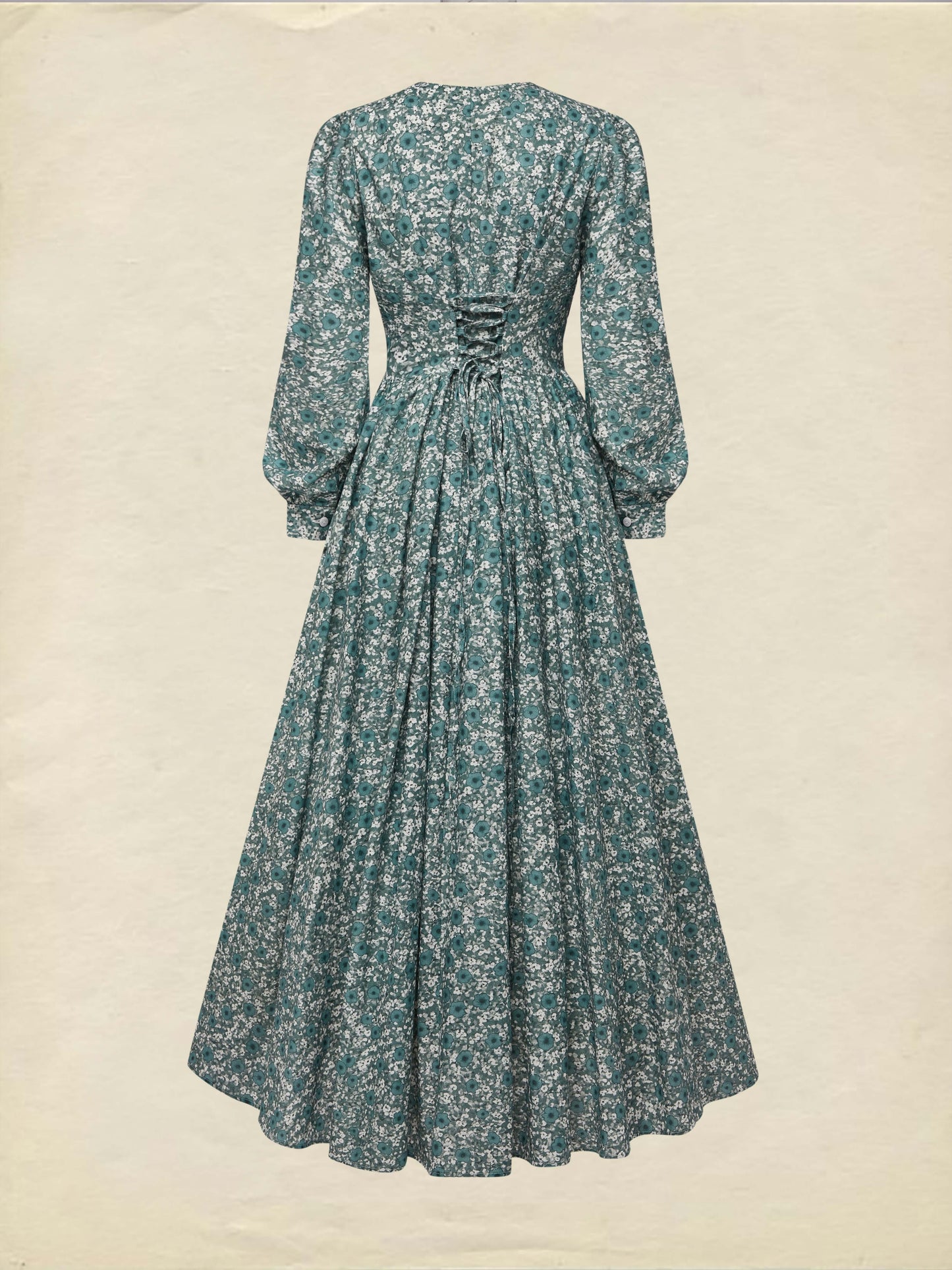Robe longue en lin, manches longues, col en V, motif floral, boutonnée, style vintage, verte