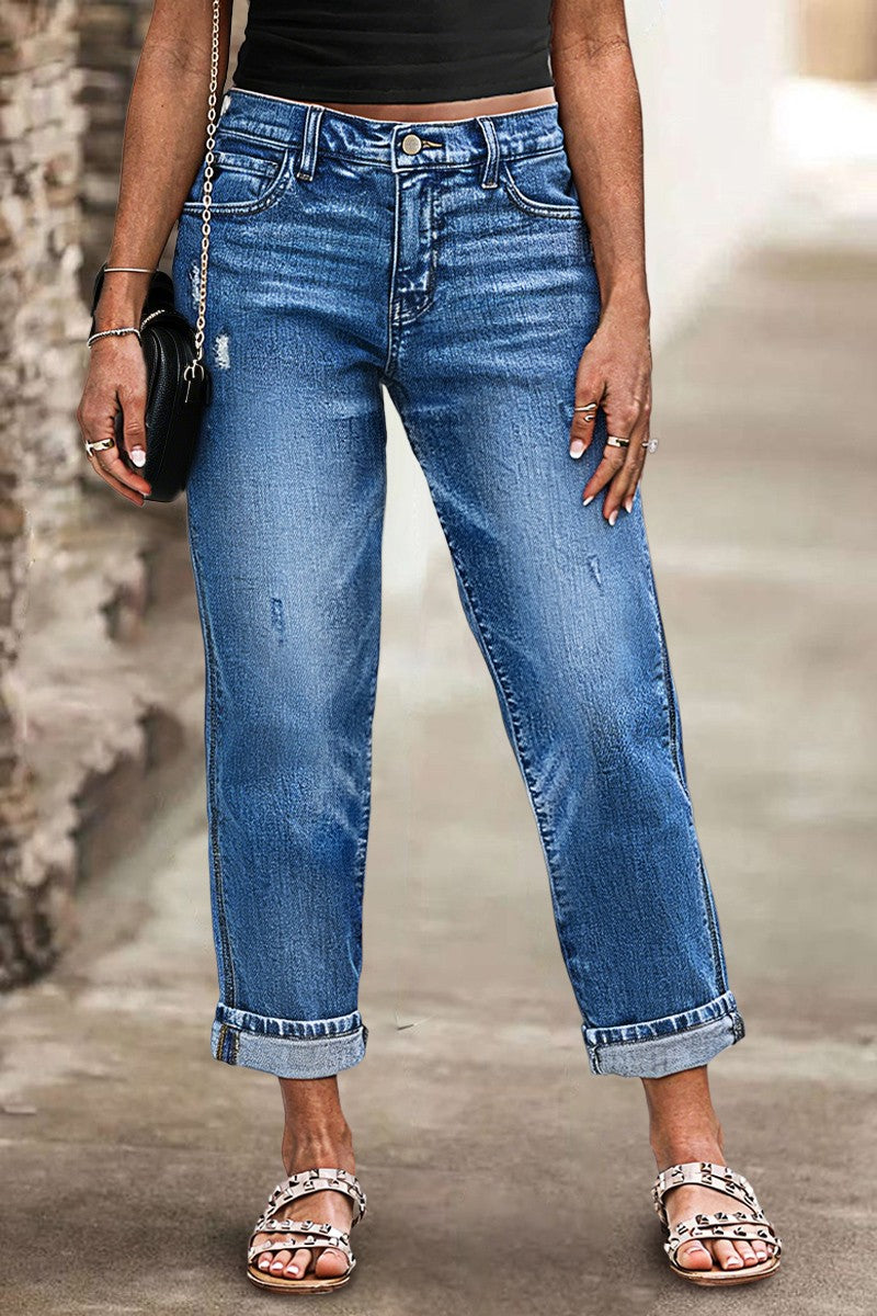 Wash Ripped Mid Waist Straight Leg Crop Jeans