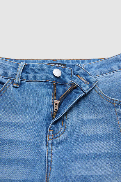 Wash Stitch Detail Mid Waist Straight Leg Cropped Jeans Without Belt