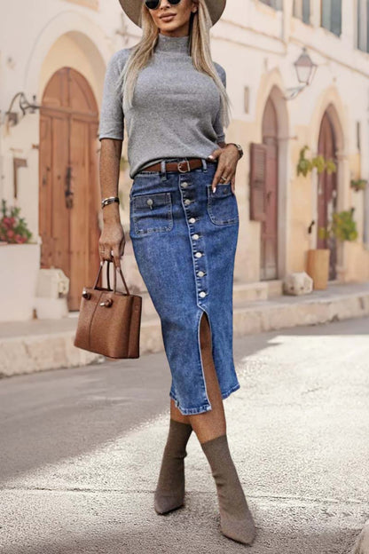 Wash Split Hem Button Up Midi Denim Skirt Without Belt
