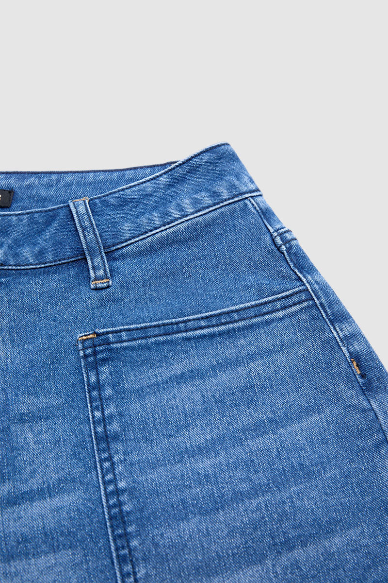Wash Roll Hem Patch Pocket High Rise Denim Bermuda Shorts
