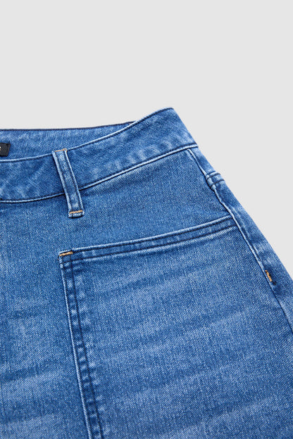 Wash Roll Hem Patch Pocket High Rise Denim Bermuda Shorts
