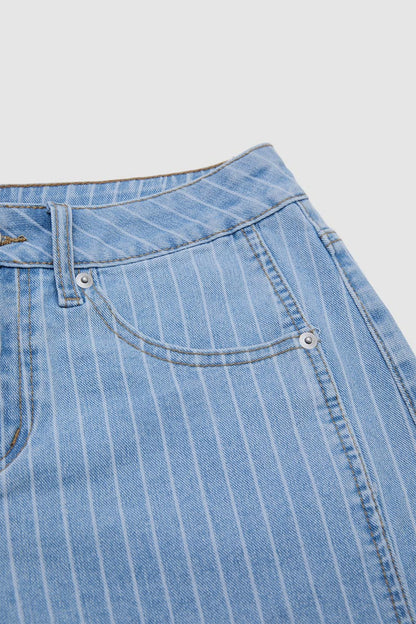 Pinstriped Raw Hem Seam Detail High Waist Denim Bermuda Shorts Without Belt