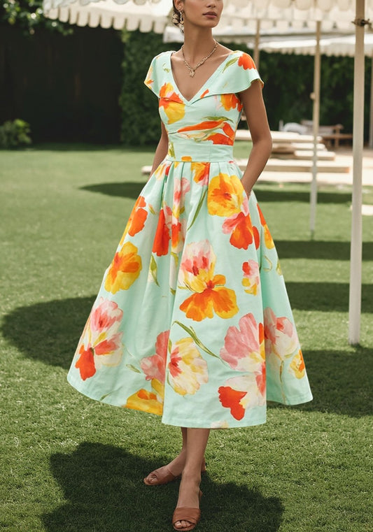 Robe Midi en Lin, Manches Courtes, Col V, Florale, Poches, Vacances, Vintage, Vert