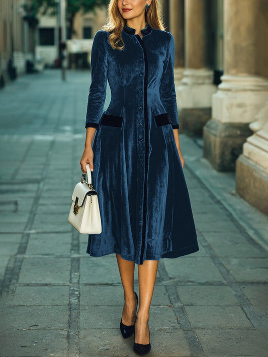 Robe midi en coton, manches mi-longues, col montant, unie, boutonnée, vintage, bleu profond