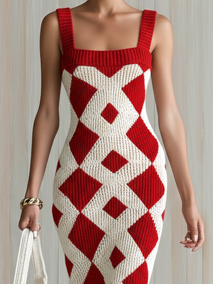 Chic Elegant Red-White Geometric Jacquard Strappy Sleeveless Slim-Fit Ribbed Knit Midi Dress