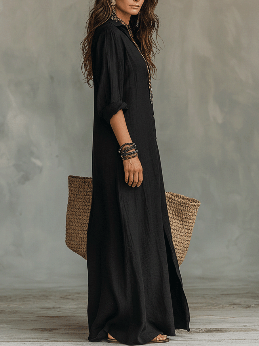 Robe longue bohème noire boutonnée sur le devant