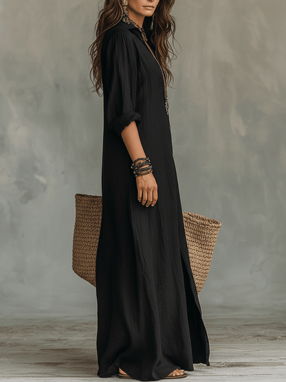 Robe longue bohème noire boutonnée sur le devant