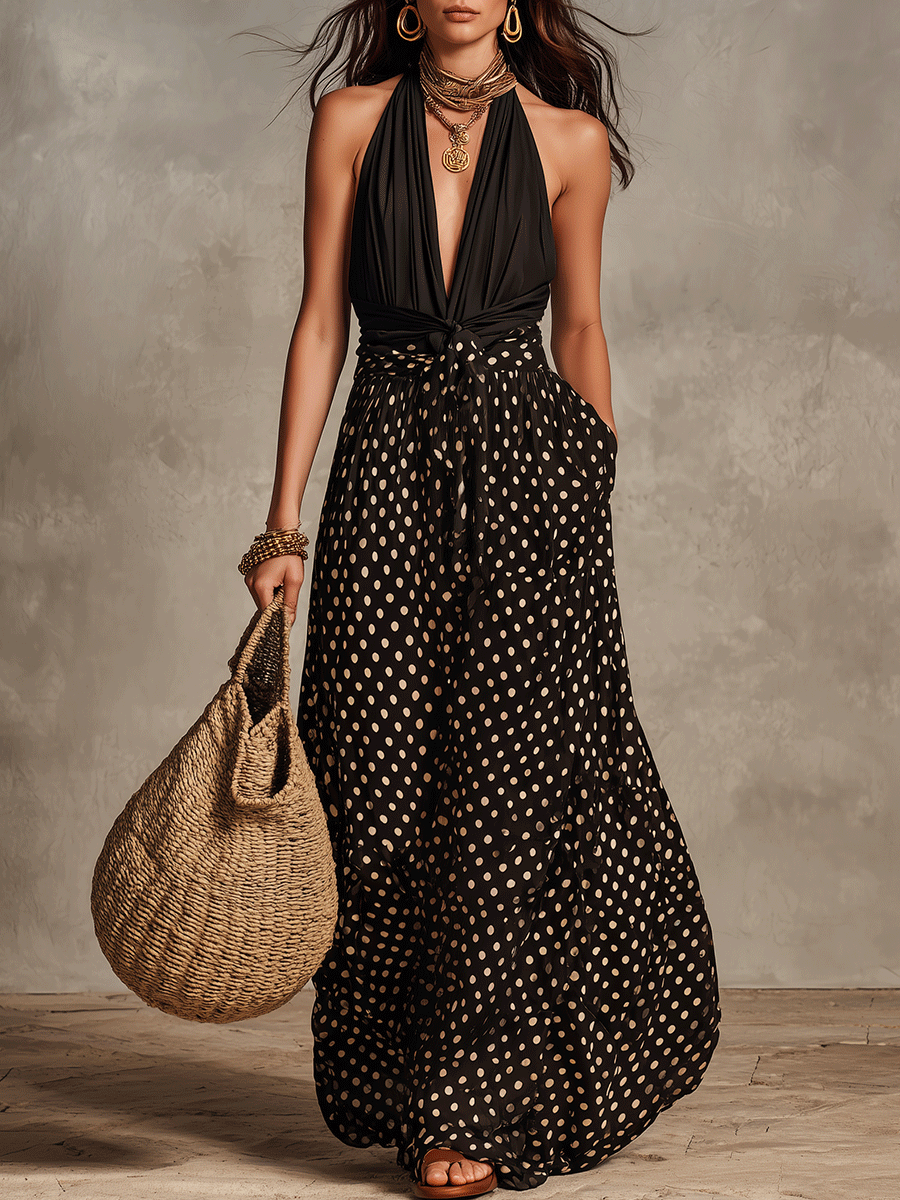 Robe longue élégante bohème à pois et dos nu