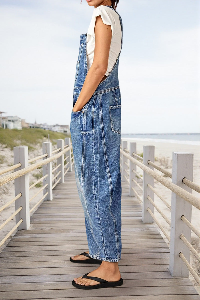 Stitch Detail Button Side Barrel Leg Denim Crop Overalls