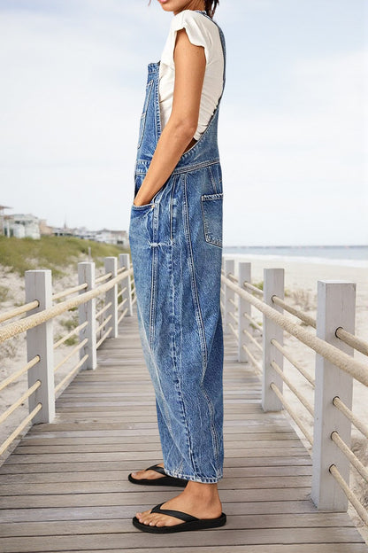 Stitch Detail Button Side Barrel Leg Denim Crop Overalls