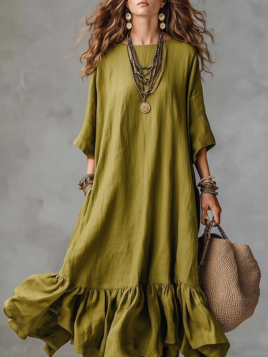 Robe longue à volants vert olive bohème décontractée
