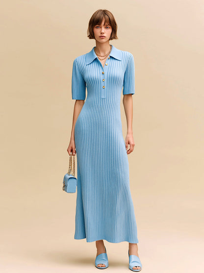 Chic Elegant Blue Lapel Collar Button-Front Short-Sleeve Slim-Fit Flare Hem Ribbed Knit Maxi Dress