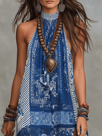 Robe longue fendue bohème chic à motif floral bleu