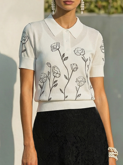 Pull, manches courtes, col châle, floral, boutons décoratifs, gilet intérieur non inclus, blanc