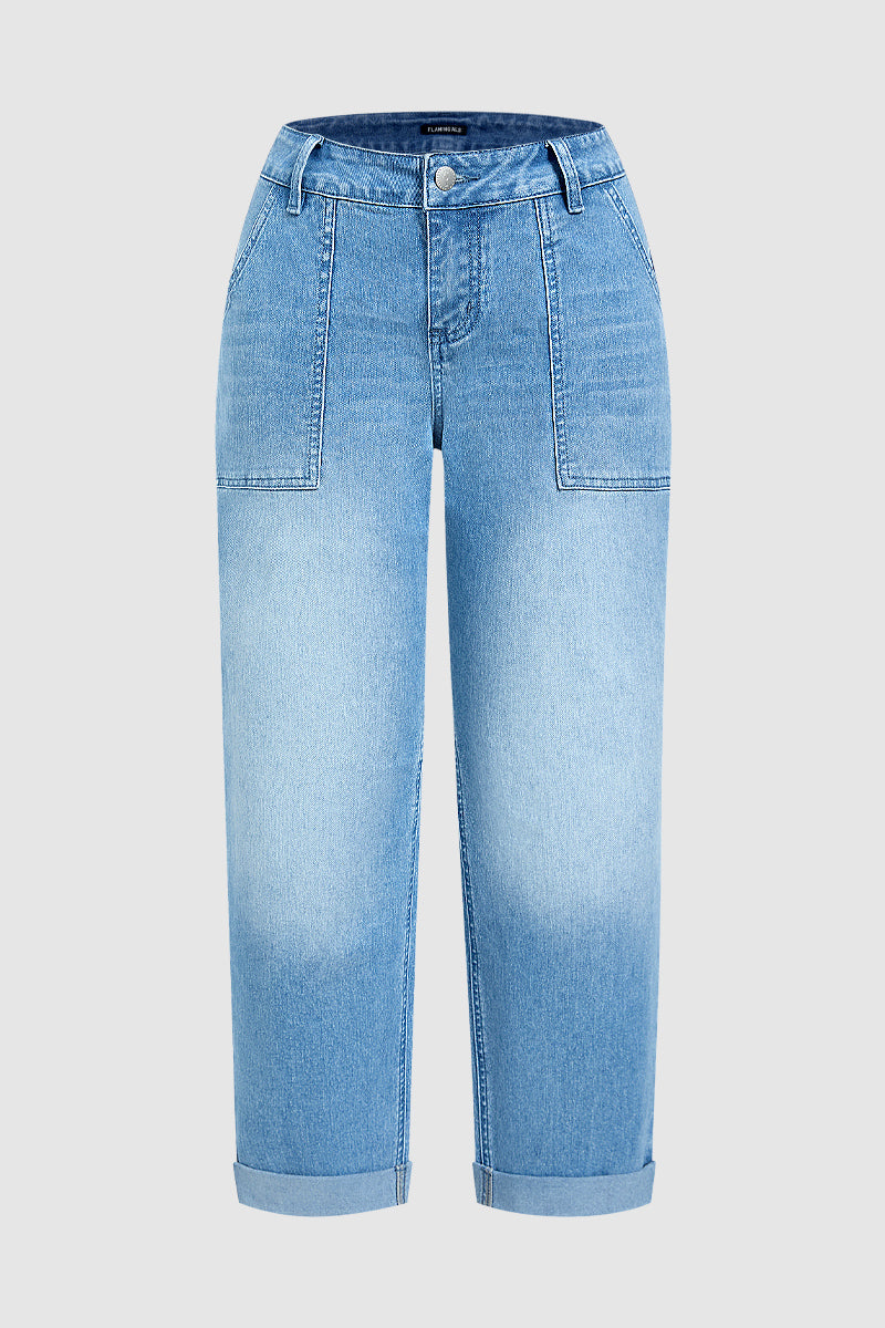 Roll Hem Mid Waist Straight Leg Crop Jeans Without Belt